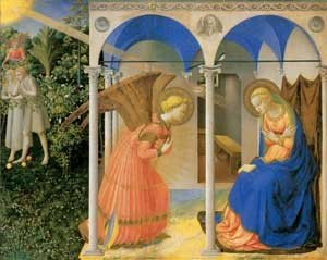 A Anunciação, Fra Angélico, Museu do Prado, Madri (à esquerda está representada a expulsão de Adão e Eva do Paraíso terrestre)